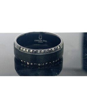 Men's Wedding Band Black Gemstones Stainless Steel 8mm Wide Ring Size 11